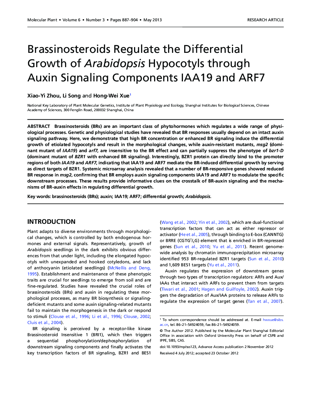 Brassinosteroids Regulate the Differential Growth of Arabidopsis Hypocotyls through Auxin Signaling Components IAA19 and ARF7 