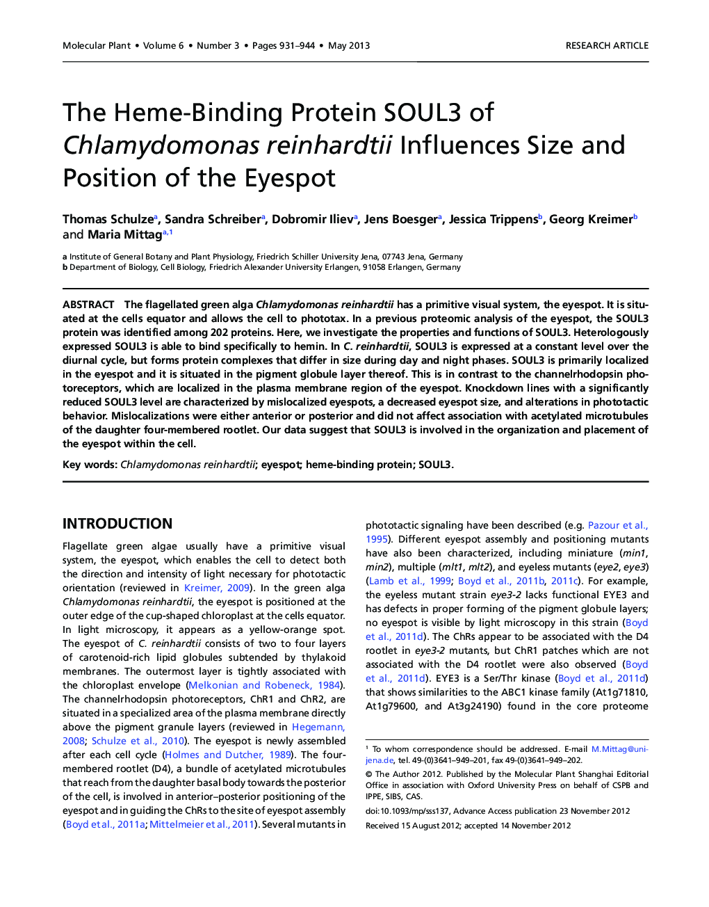 The Heme-Binding Protein SOUL3 of Chlamydomonas reinhardtii Influences Size and Position of the Eyespot 