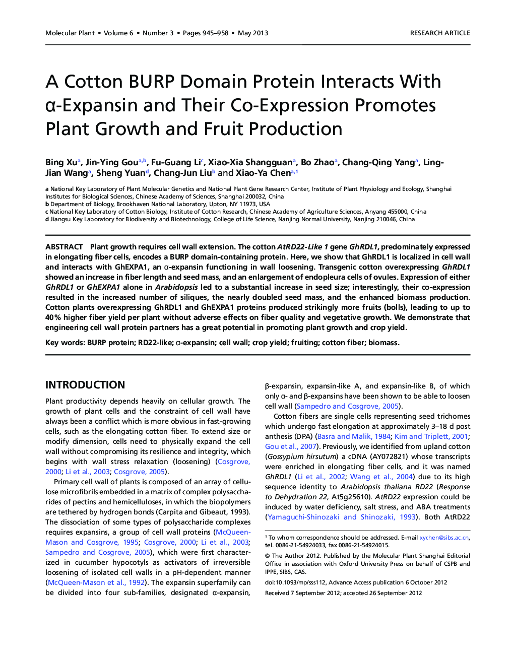 A Cotton BURP Domain Protein Interacts With α-Expansin and Their Co-Expression Promotes Plant Growth and Fruit Production 