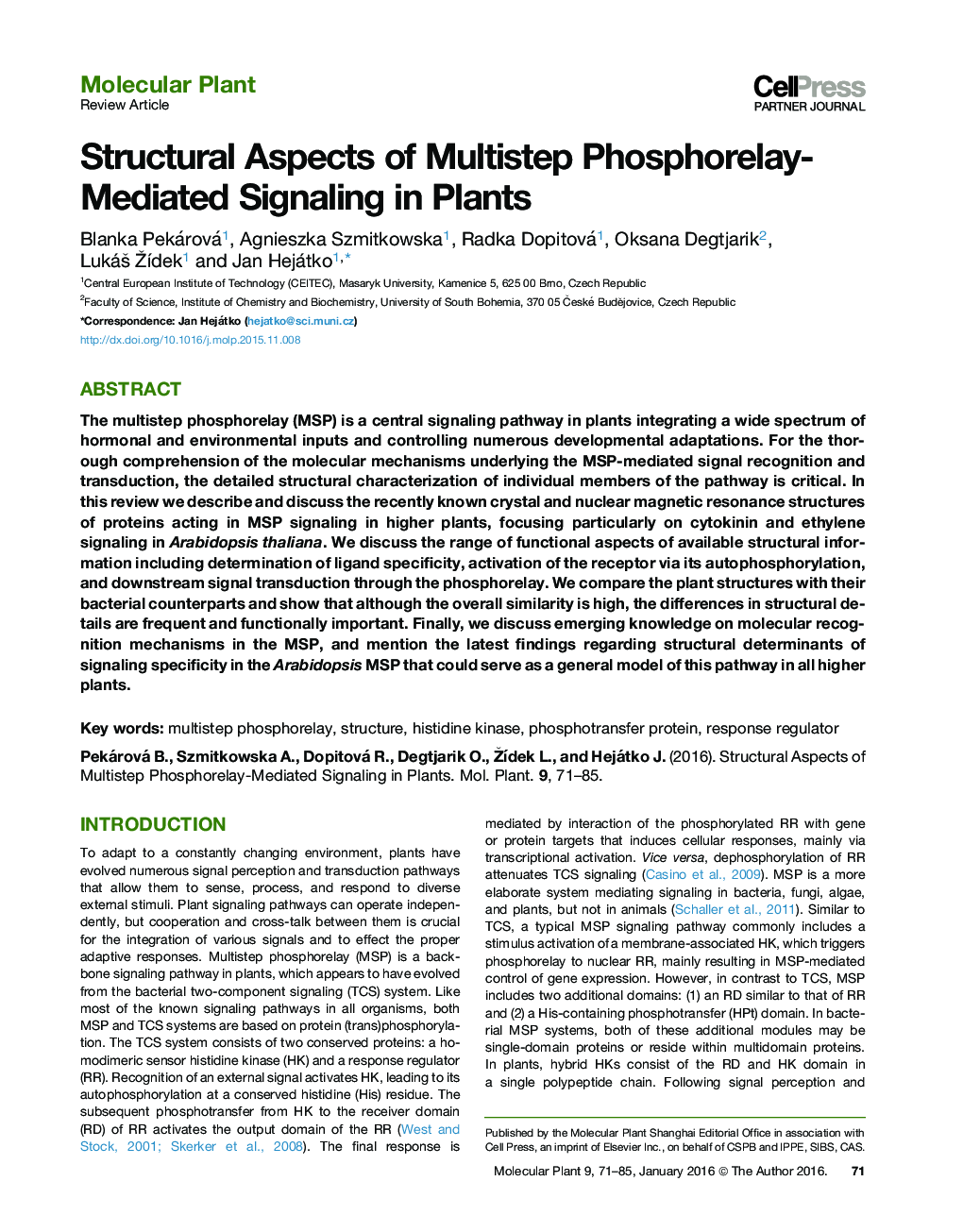 Structural Aspects of Multistep Phosphorelay-Mediated Signaling in Plants 