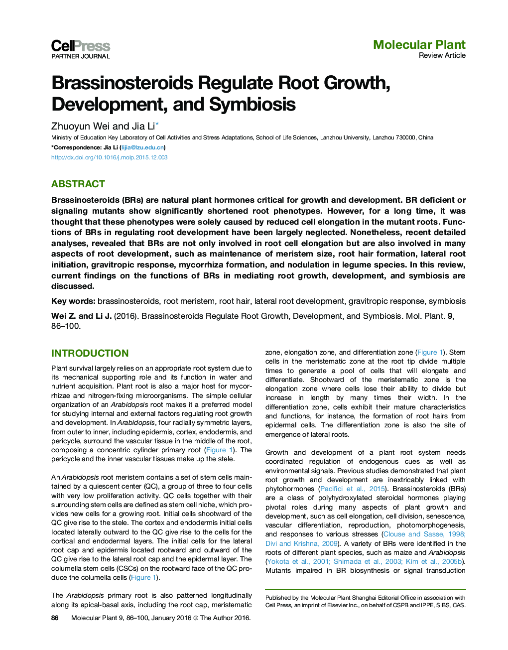 Brassinosteroids Regulate Root Growth, Development, and Symbiosis 