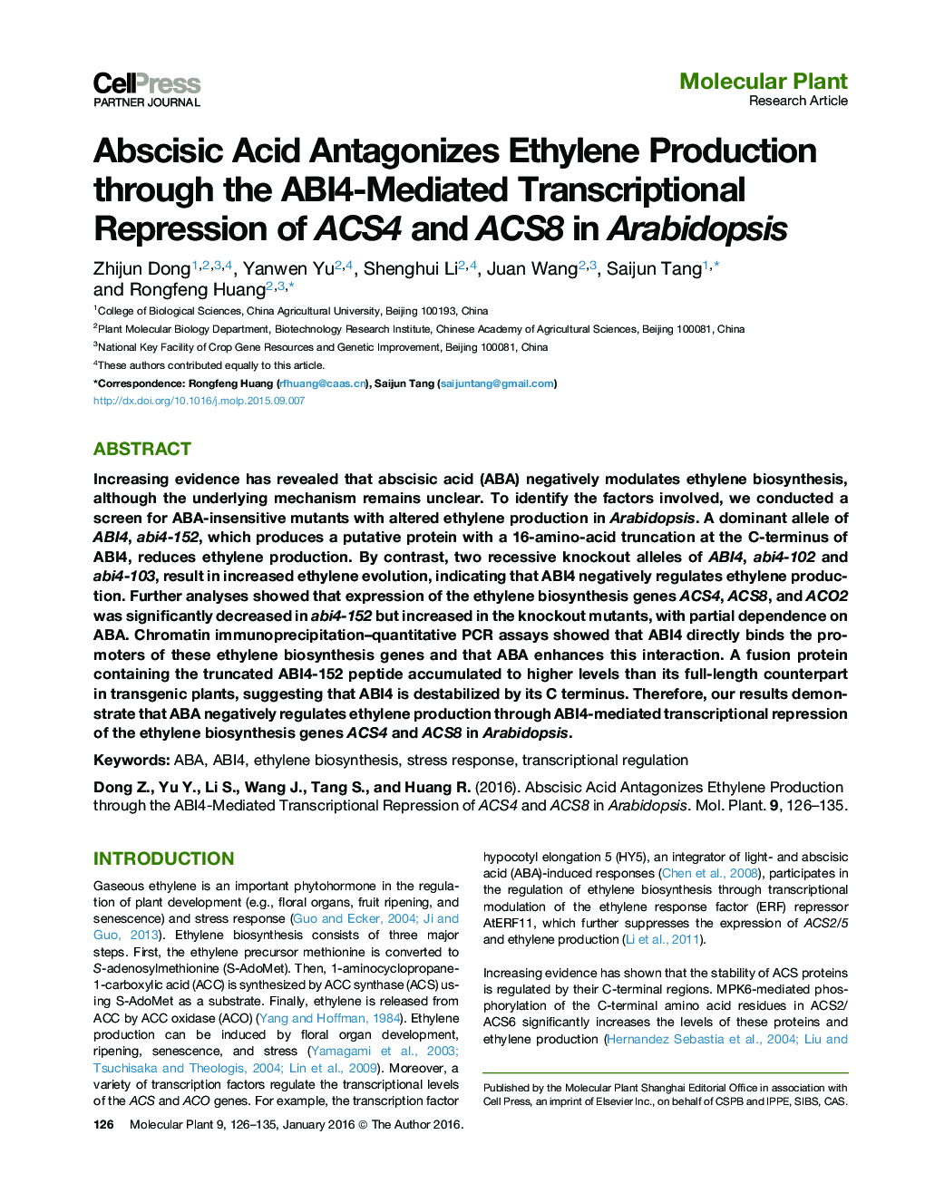 Abscisic Acid Antagonizes Ethylene Production through the ABI4-Mediated Transcriptional Repression of ACS4 and ACS8 in Arabidopsis 