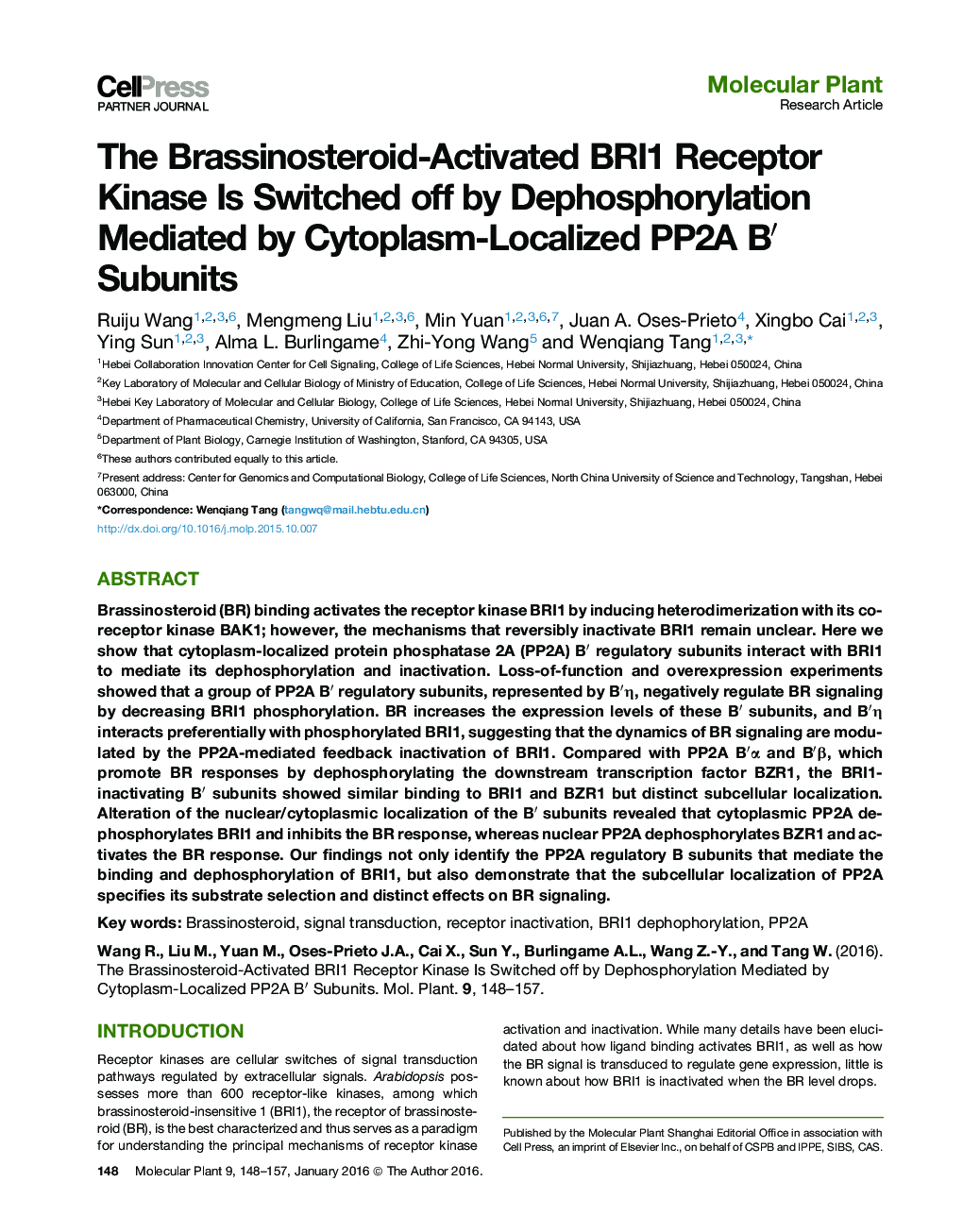 The Brassinosteroid-Activated BRI1 Receptor Kinase Is Switched off by Dephosphorylation Mediated by Cytoplasm-Localized PP2A B′ Subunits 