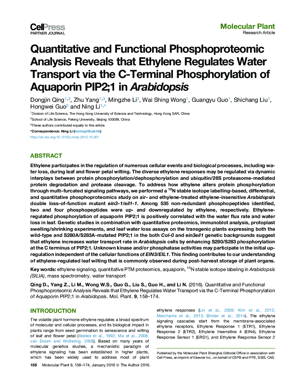 Quantitative and Functional Phosphoproteomic Analysis Reveals that Ethylene Regulates Water Transport via the C-Terminal Phosphorylation of Aquaporin PIP2;1 in Arabidopsis 