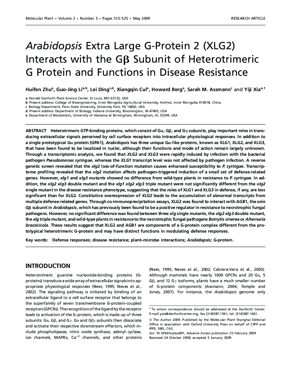 Arabidopsis Extra Large G-Protein 2 (XLG2) Interacts with the Gβ Subunit of Heterotrimeric G Protein and Functions in Disease Resistance 