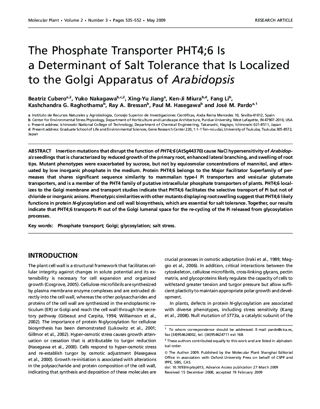 The Phosphate Transporter PHT4;6 Is a Determinant of Salt Tolerance that Is Localized to the Golgi Apparatus of Arabidopsis 