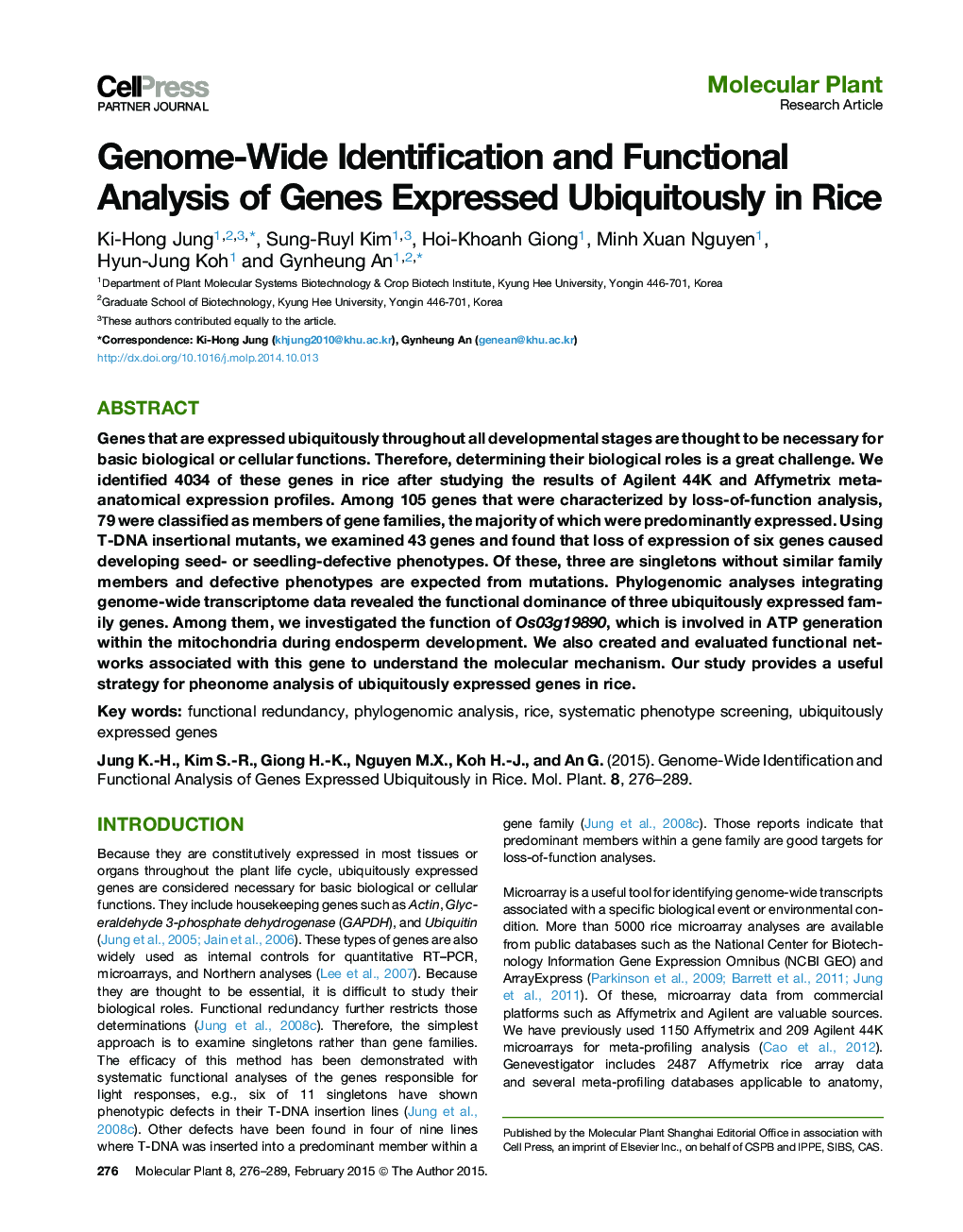 Genome-Wide Identification and Functional Analysis of Genes Expressed Ubiquitously in Rice 