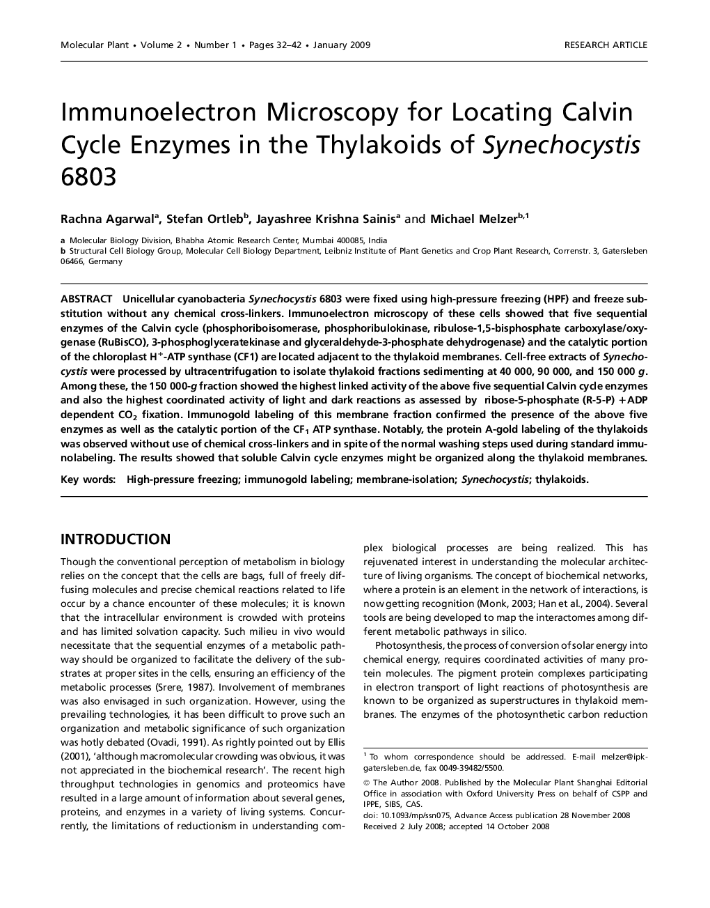 Immunoelectron Microscopy for Locating Calvin Cycle Enzymes in the Thylakoids of Synechocystis 6803 