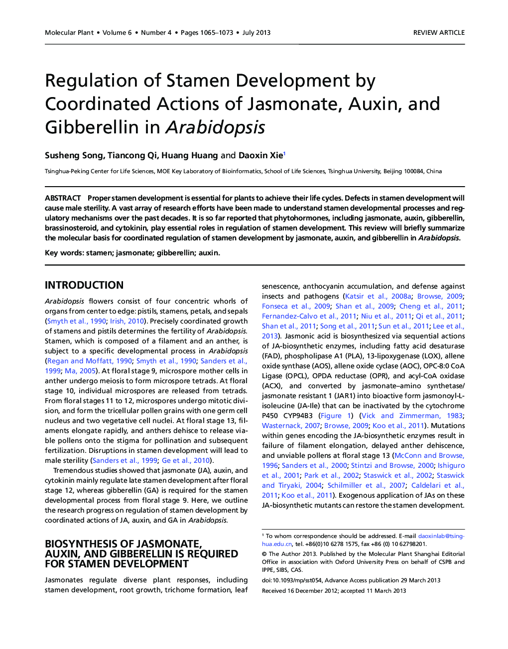 Regulation of Stamen Development by Coordinated Actions of Jasmonate, Auxin, and Gibberellin in Arabidopsis 