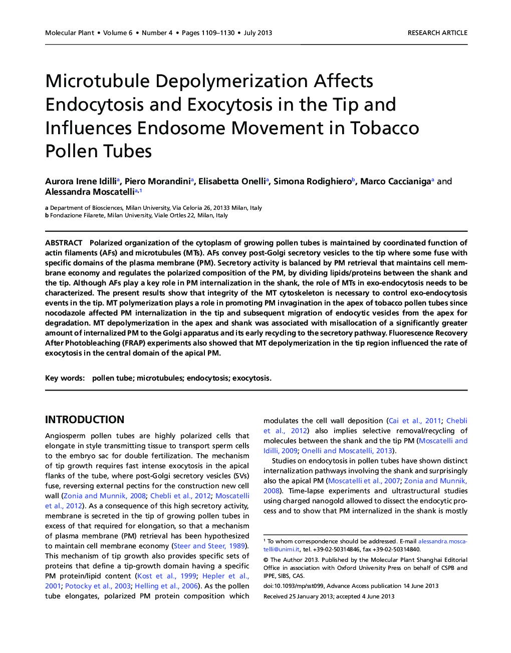 Microtubule Depolymerization Affects Endocytosis and Exocytosis in the Tip and Influences Endosome Movement in Tobacco Pollen Tubes 