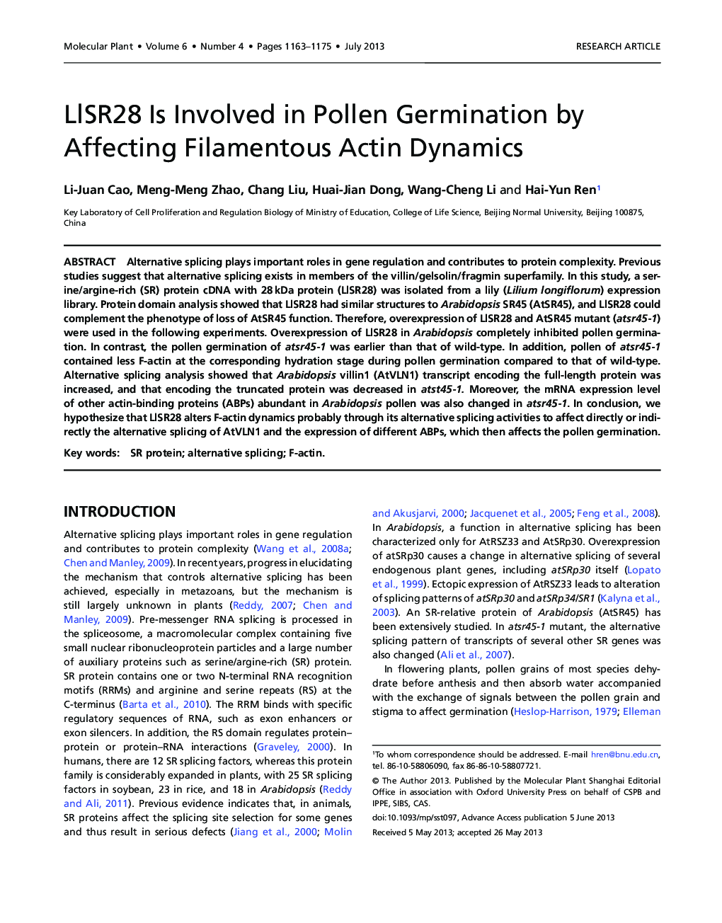 LlSR28 Is Involved in Pollen Germination by Affecting Filamentous Actin Dynamics 