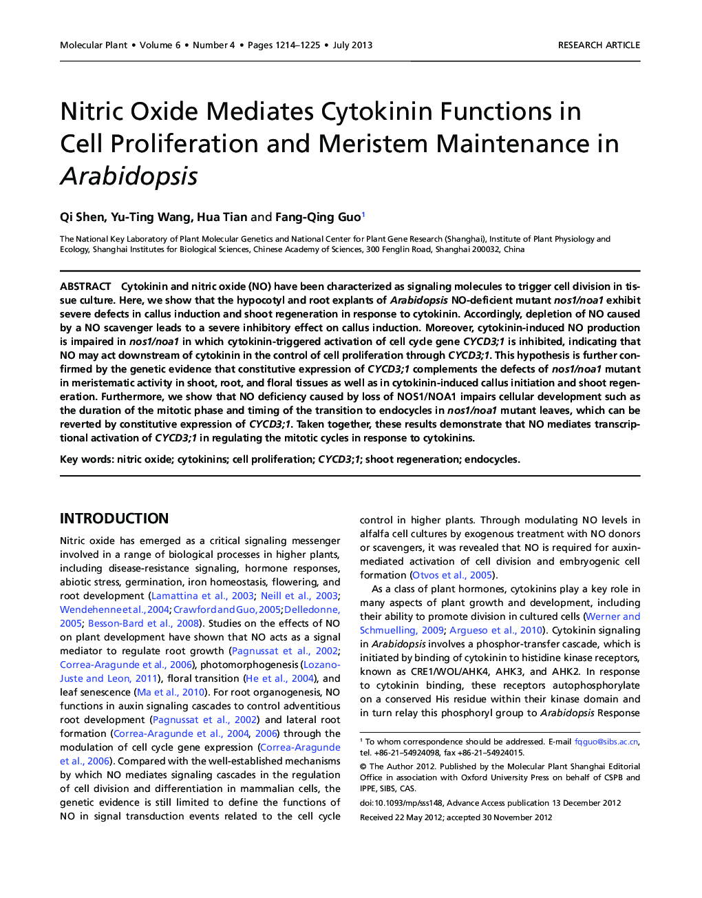 Nitric Oxide Mediates Cytokinin Functions in Cell Proliferation and Meristem Maintenance in Arabidopsis 