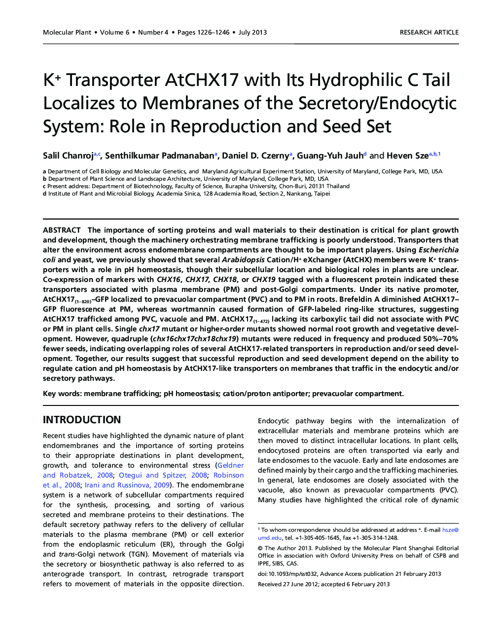 K+ Transporter AtCHX17 with Its Hydrophilic C Tail Localizes to Membranes of the Secretory/Endocytic System: Role in Reproduction and Seed Set 