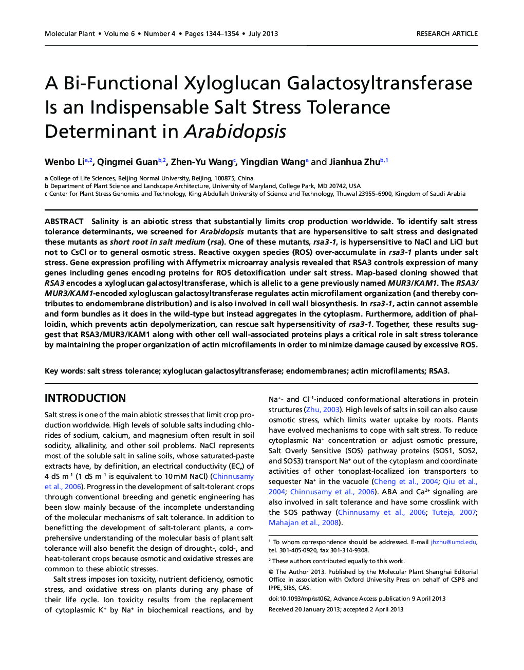 A Bi-Functional Xyloglucan Galactosyltransferase Is an Indispensable Salt Stress Tolerance Determinant in Arabidopsis 