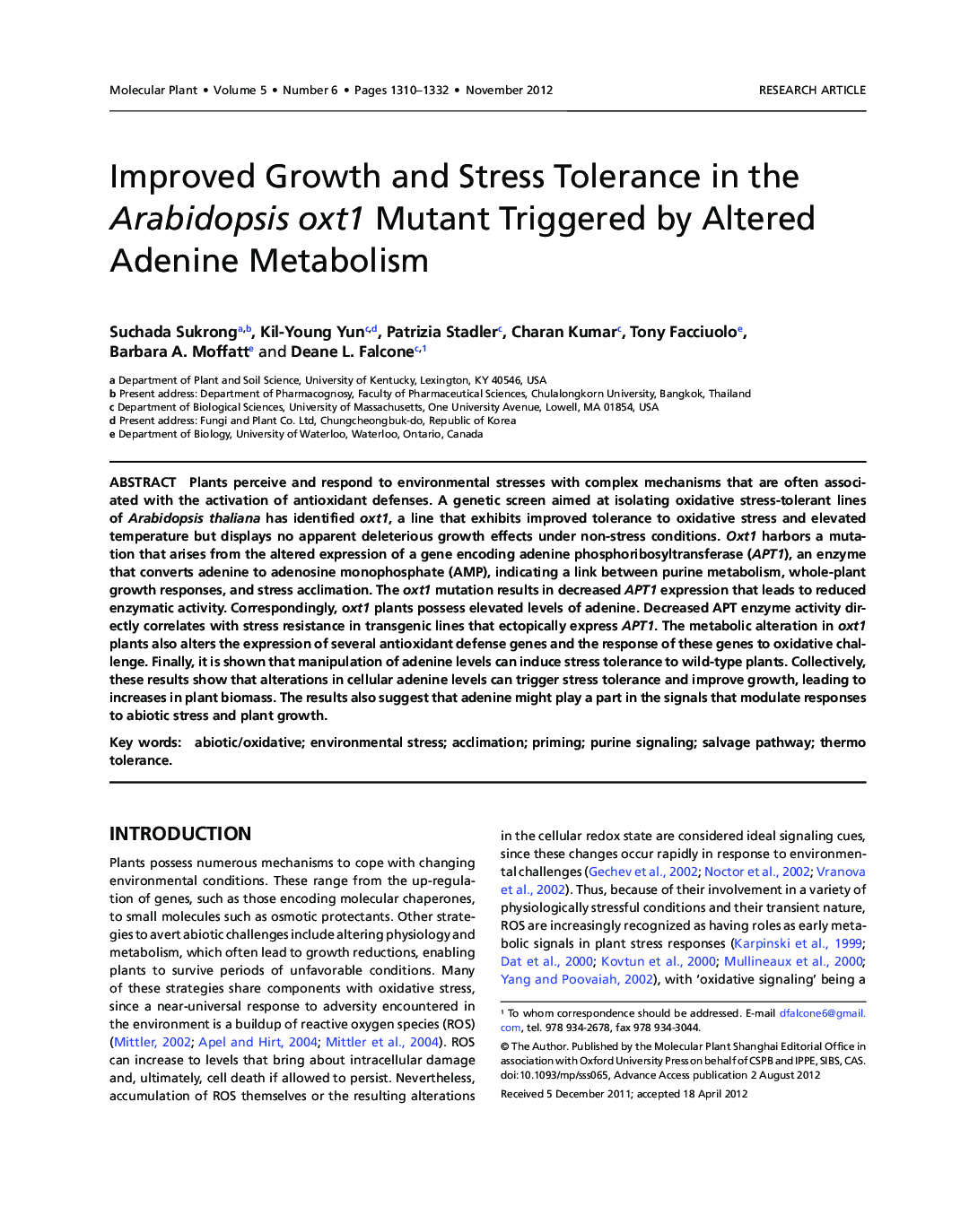 Improved Growth and Stress Tolerance in the Arabidopsis oxt1 Mutant Triggered by Altered Adenine Metabolism 