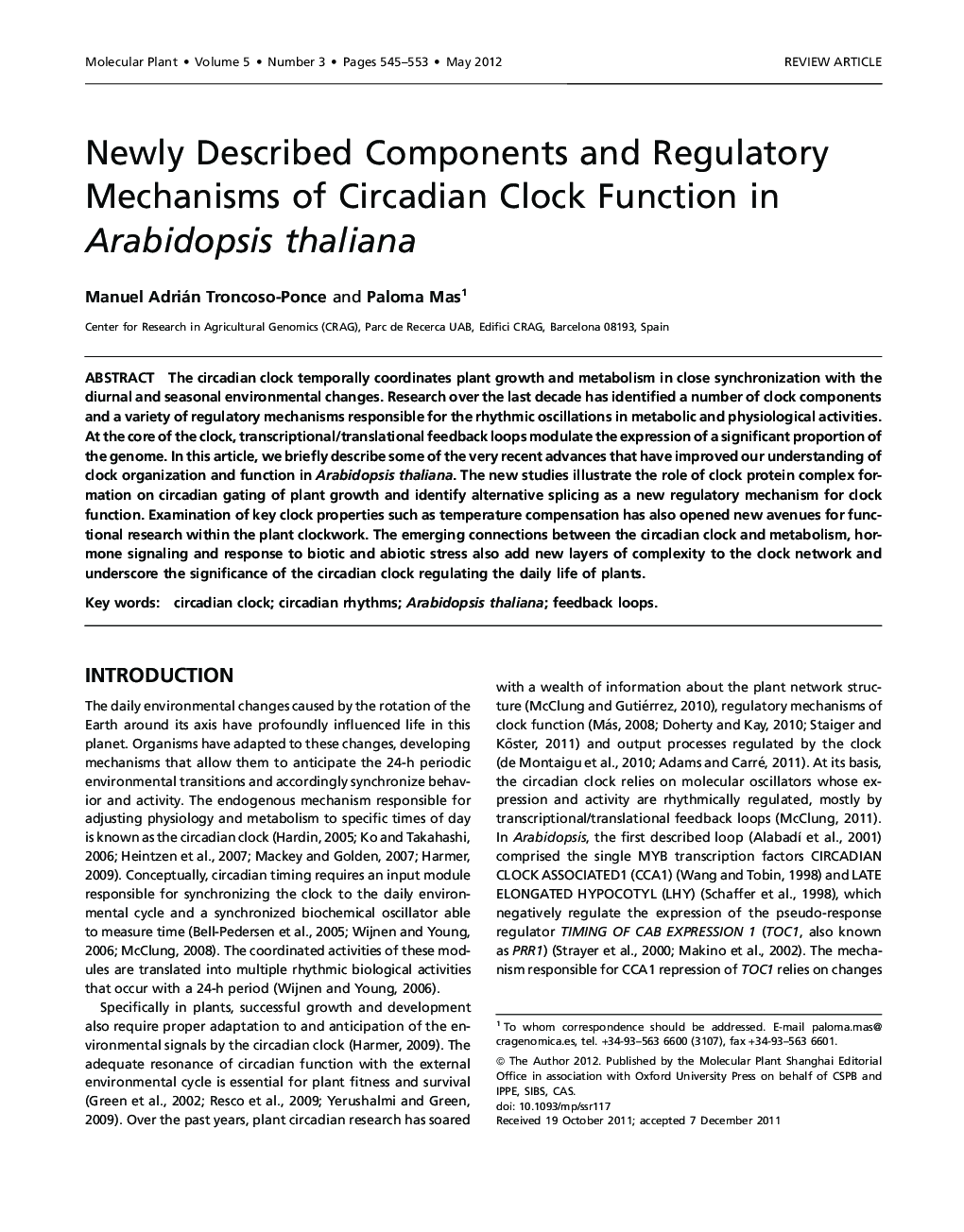 Newly Described Components and Regulatory Mechanisms of Circadian Clock Function in Arabidopsis thaliana 