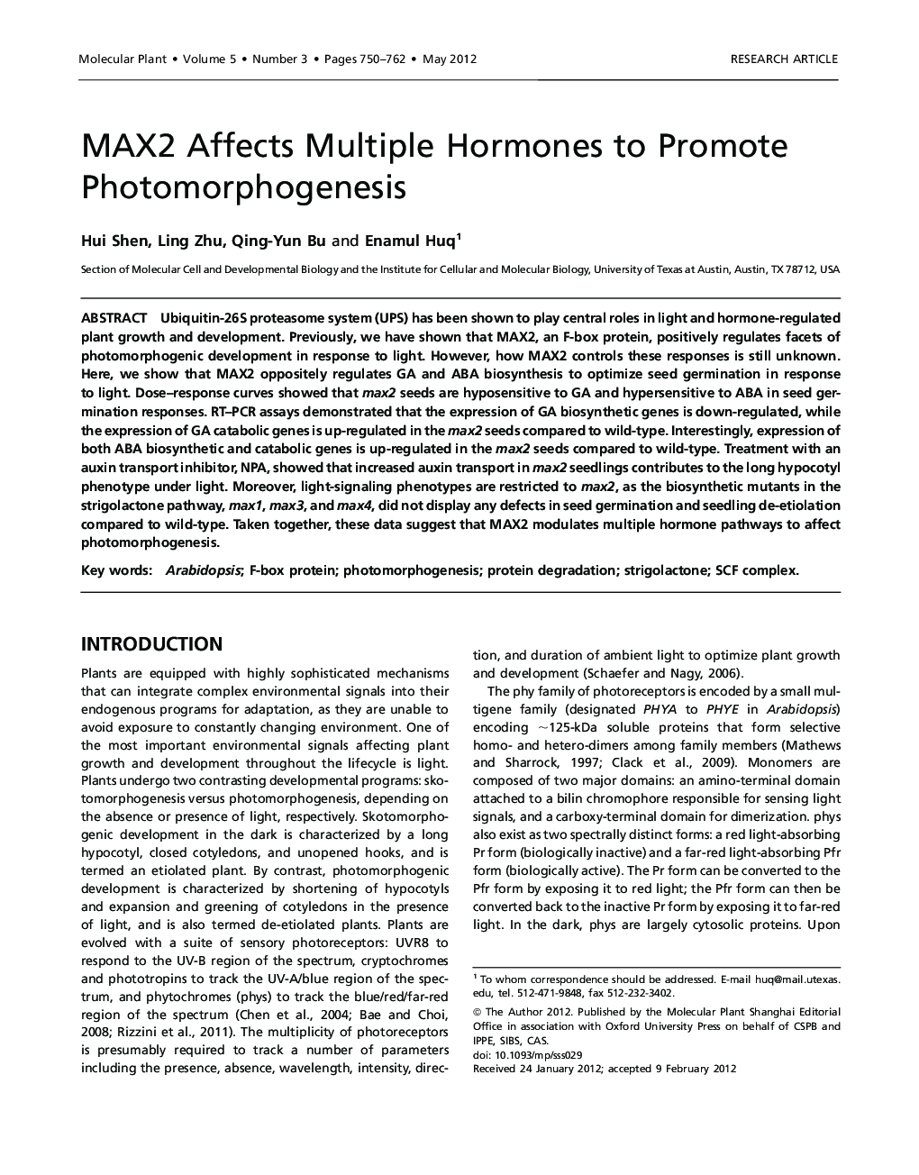 MAX2 Affects Multiple Hormones to Promote Photomorphogenesis 