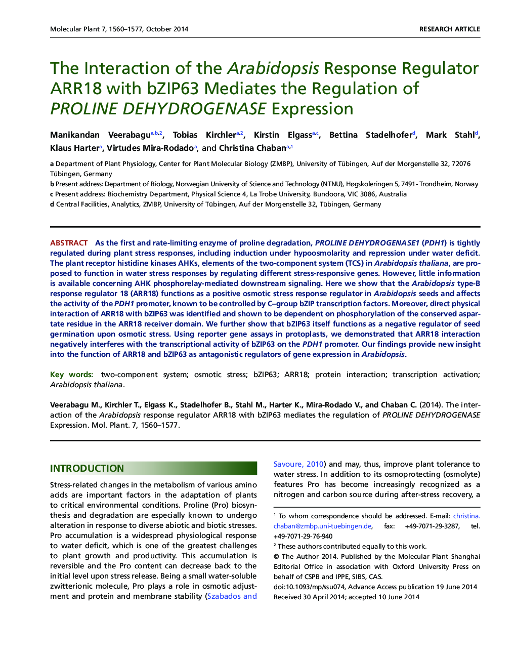 The Interaction of the Arabidopsis Response Regulator ARR18 with bZIP63 Mediates the Regulation of PROLINE DEHYDROGENASE Expression 