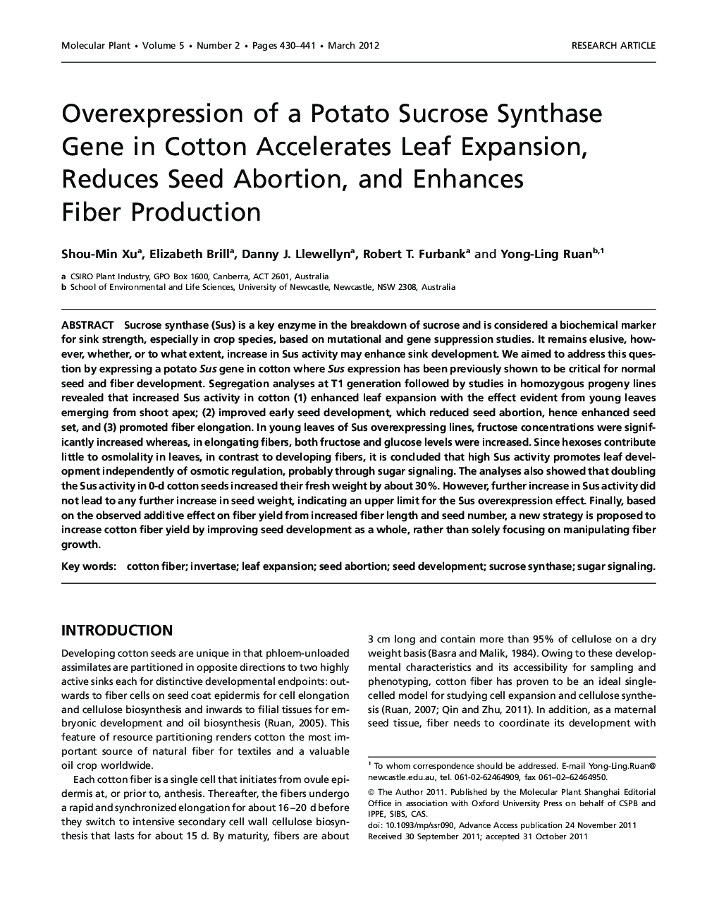 Overexpression of a Potato Sucrose Synthase Gene in Cotton Accelerates Leaf Expansion, Reduces Seed Abortion, and Enhances Fiber Production 