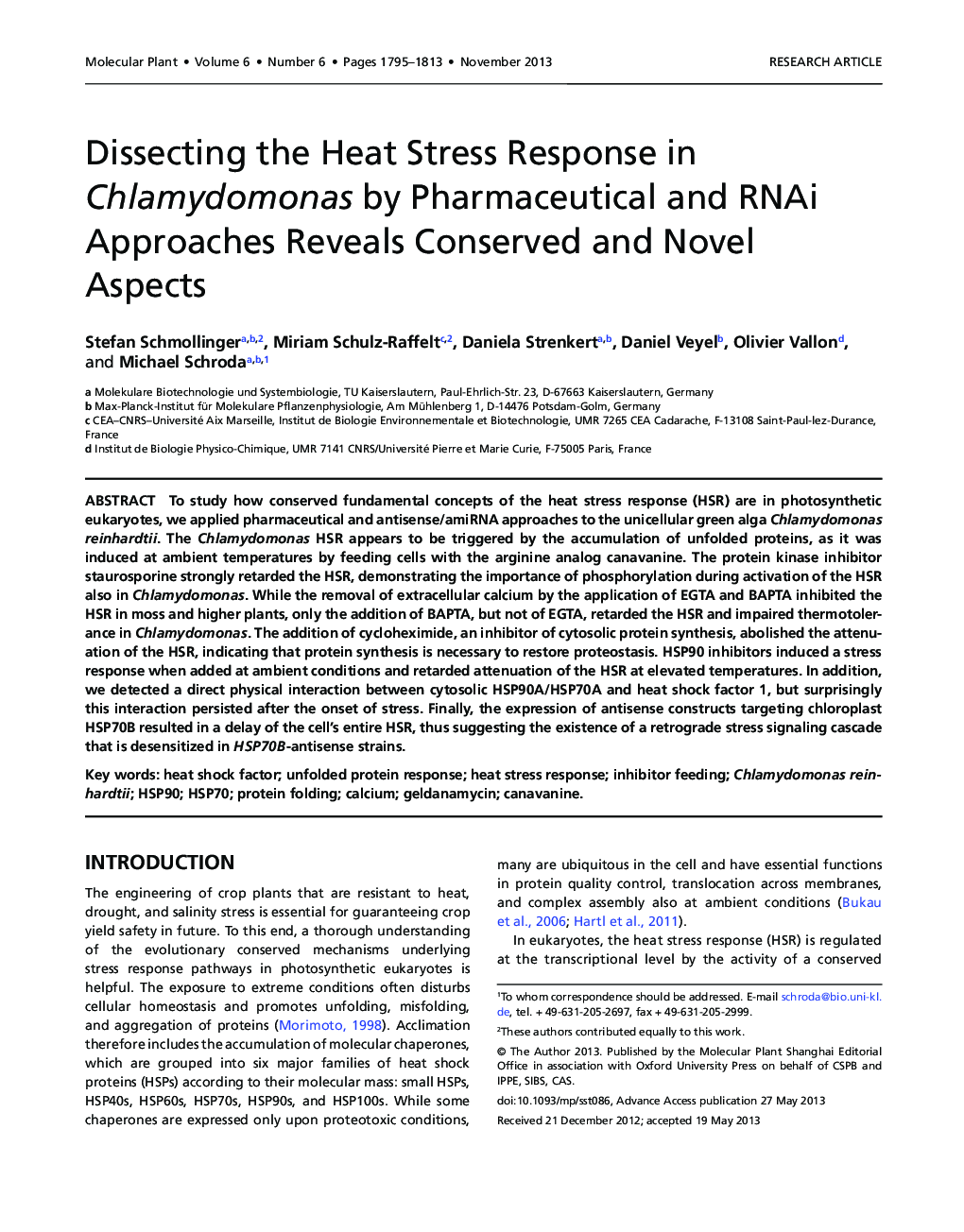 Dissecting the Heat Stress Response in Chlamydomonas by Pharmaceutical and RNAi Approaches Reveals Conserved and Novel Aspects 