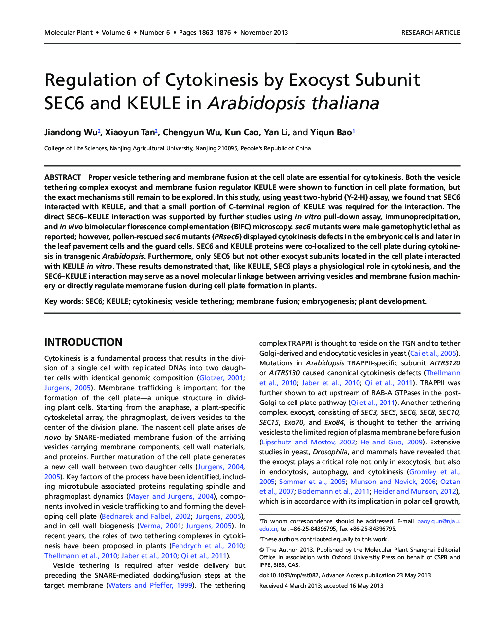 Regulation of Cytokinesis by Exocyst Subunit SEC6 and KEULE in Arabidopsis thaliana 