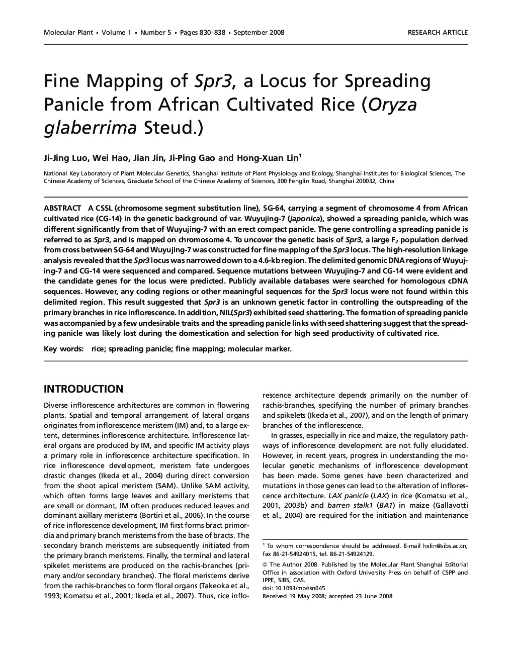 Fine Mapping of Spr3, a Locus for Spreading Panicle from African Cultivated Rice (Oryza glaberrima Steud.) 