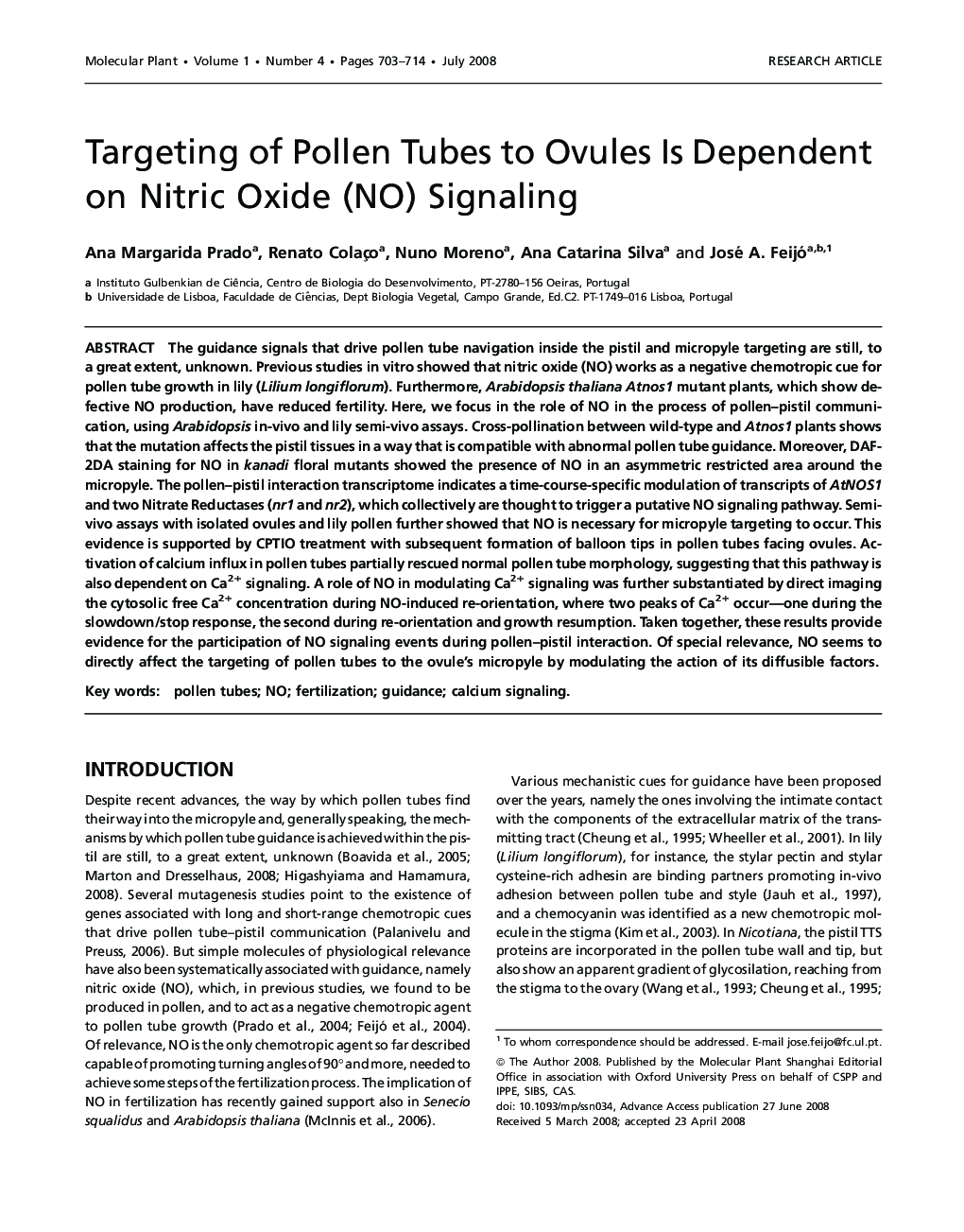 Targeting of Pollen Tubes to Ovules Is Dependent on Nitric Oxide (NO) Signaling 