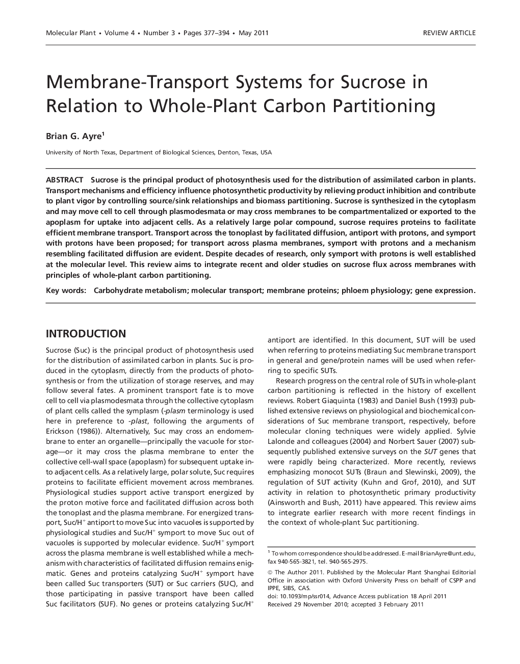 Membrane-Transport Systems for Sucrose in Relation to Whole-Plant Carbon Partitioning 