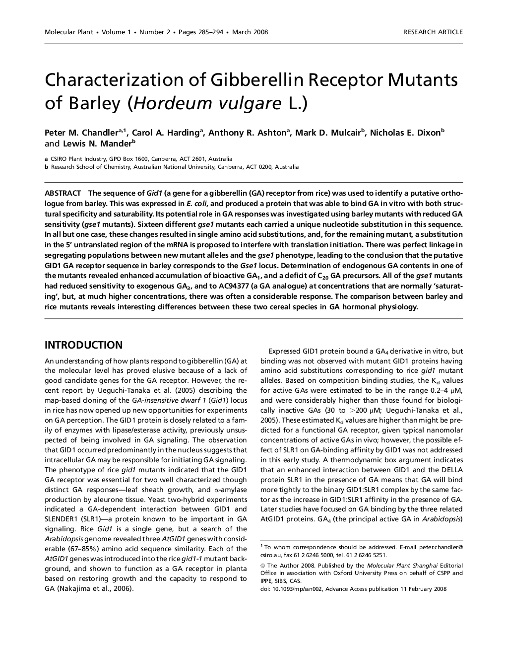 عکس صفحه اول مقاله: Characterization of Gibberellin Receptor Mutants of Barley (Hordeum vulgare L.) Characterization of Gibberellin Receptor Mutants of Barley (Hordeum vulgare L.)