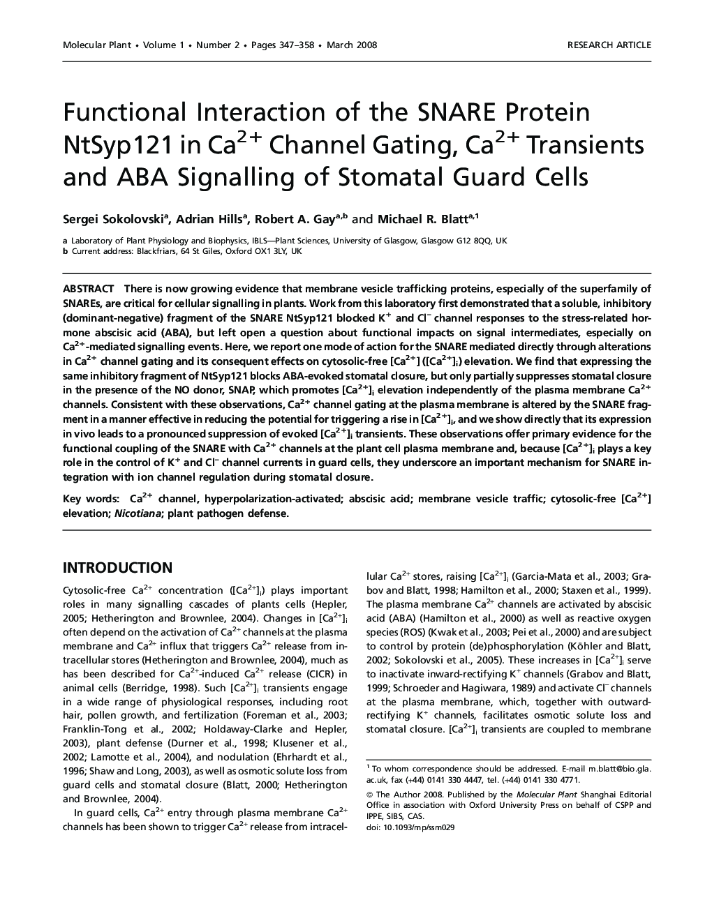 Functional Interaction of the SNARE Protein NtSyp121 in Ca2+ Channel Gating, Ca2+ Transients and ABA Signalling of Stomatal Guard Cells 