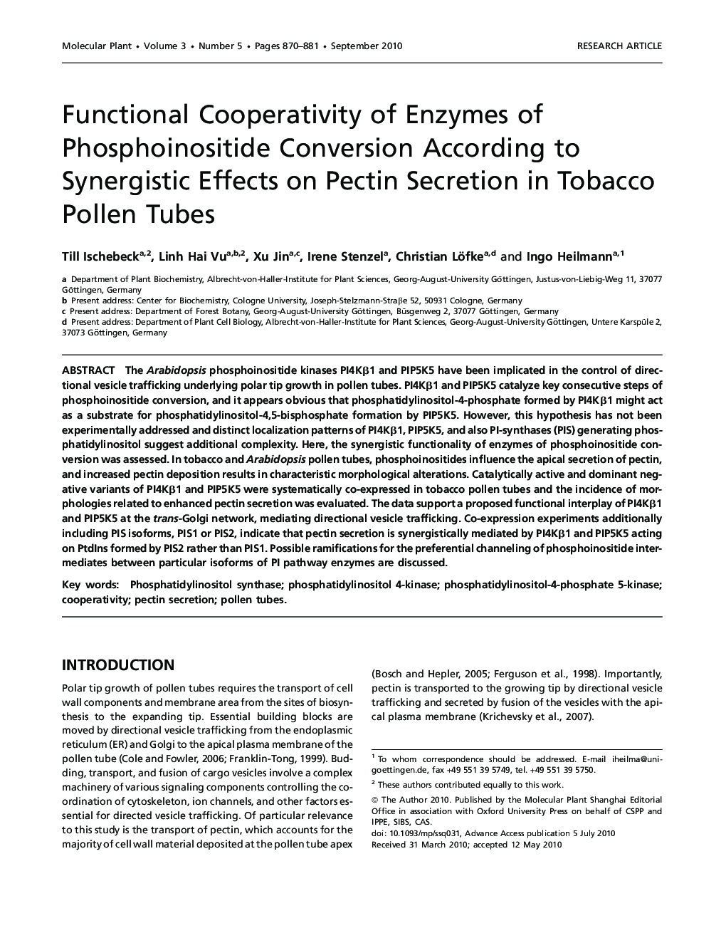 Functional Cooperativity of Enzymes of Phosphoinositide Conversion According to Synergistic Effects on Pectin Secretion in Tobacco Pollen Tubes 