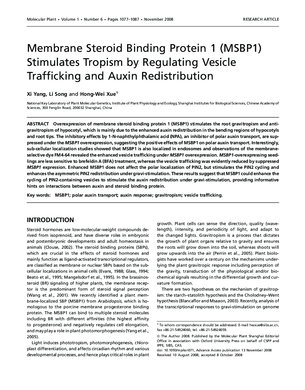 Membrane Steroid Binding Protein 1 (MSBP1) Stimulates Tropism by Regulating Vesicle Trafficking and Auxin Redistribution 