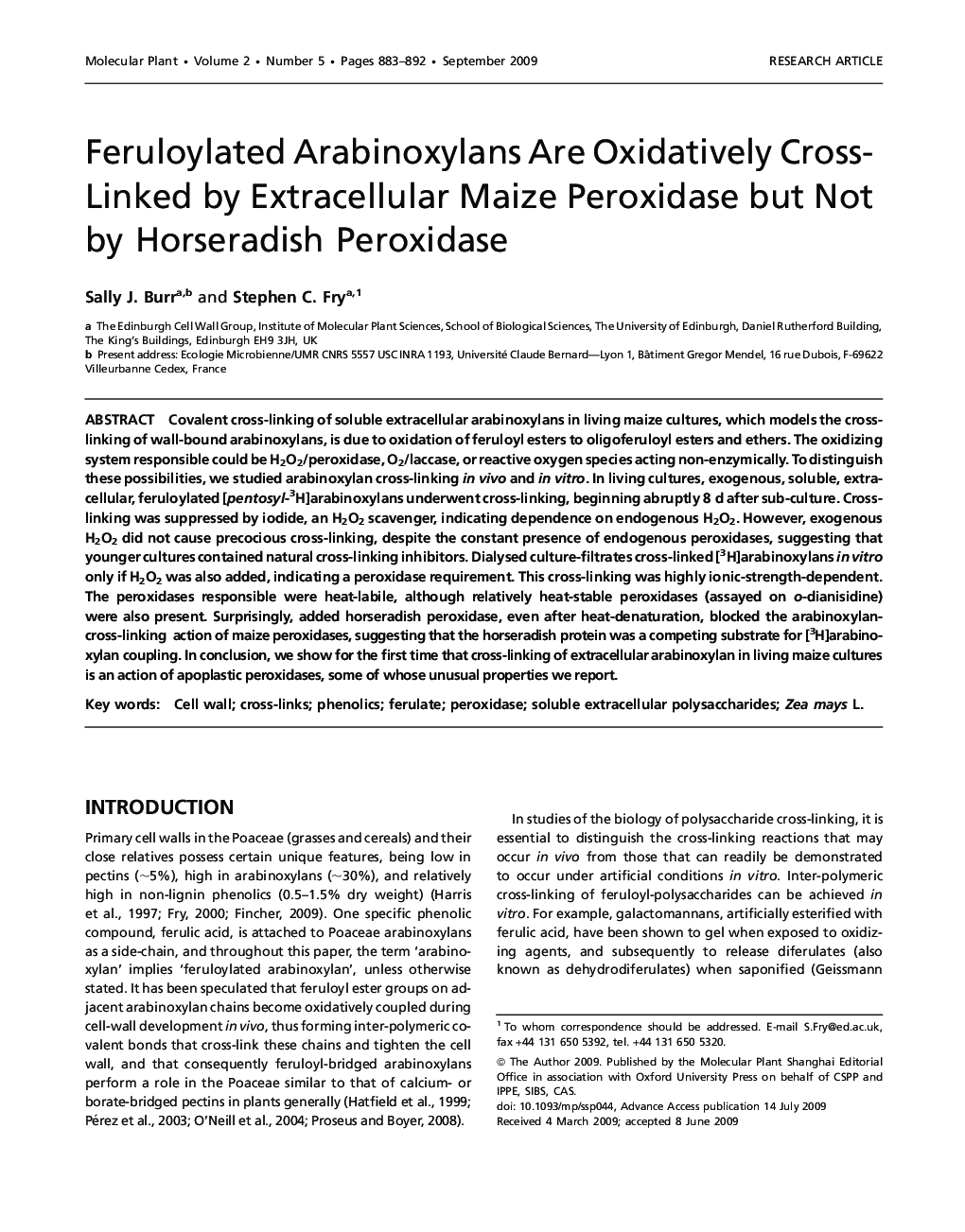 Feruloylated Arabinoxylans Are Oxidatively Cross-Linked by Extracellular Maize Peroxidase but Not by Horseradish Peroxidase 