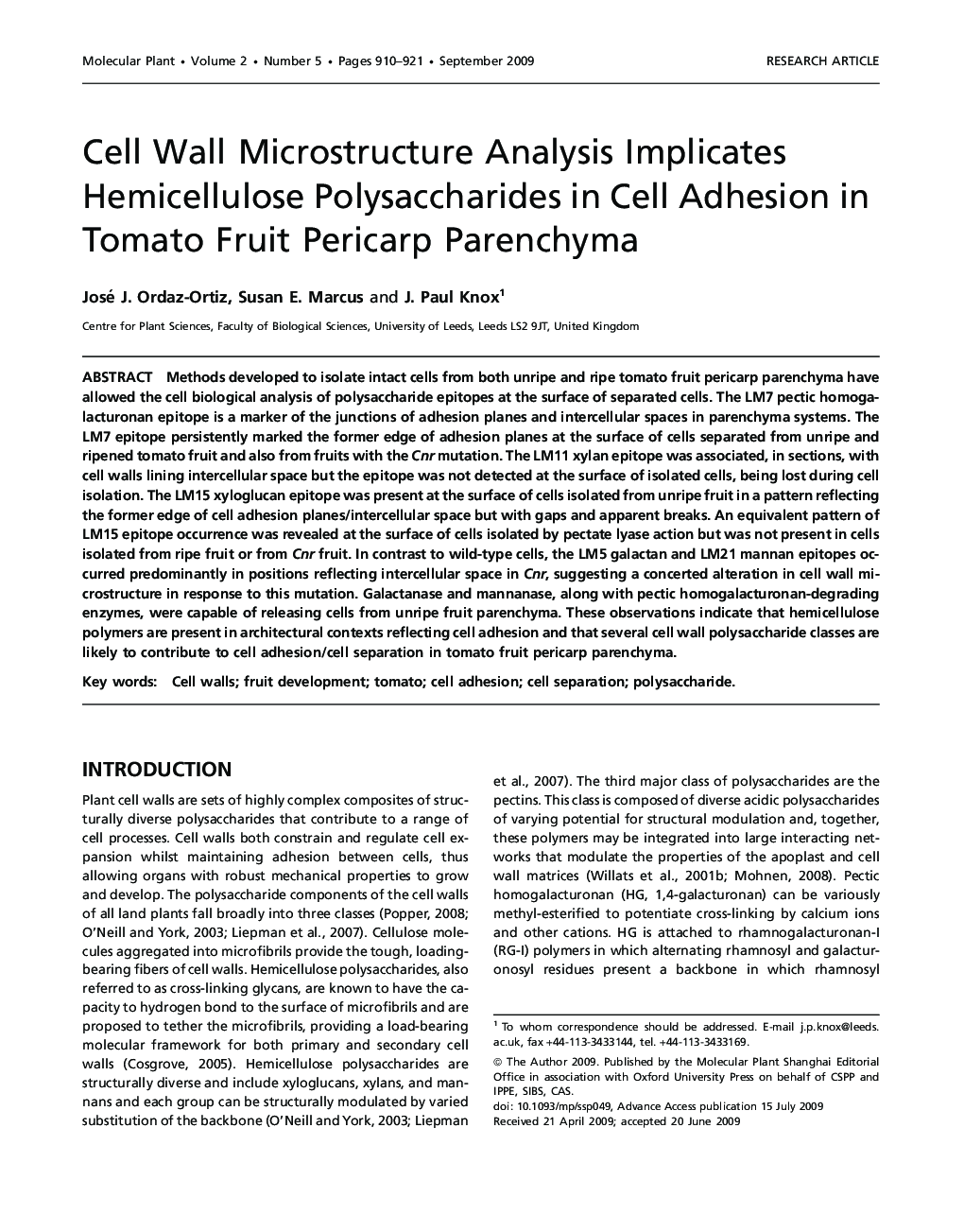 Cell Wall Microstructure Analysis Implicates Hemicellulose Polysaccharides in Cell Adhesion in Tomato Fruit Pericarp Parenchyma 
