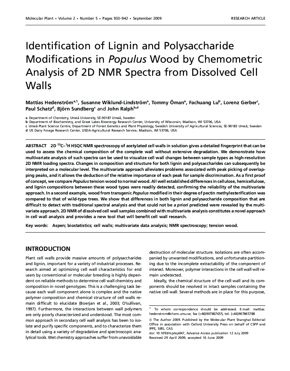 Identification of Lignin and Polysaccharide Modifications in Populus Wood by Chemometric Analysis of 2D NMR Spectra from Dissolved Cell Walls 