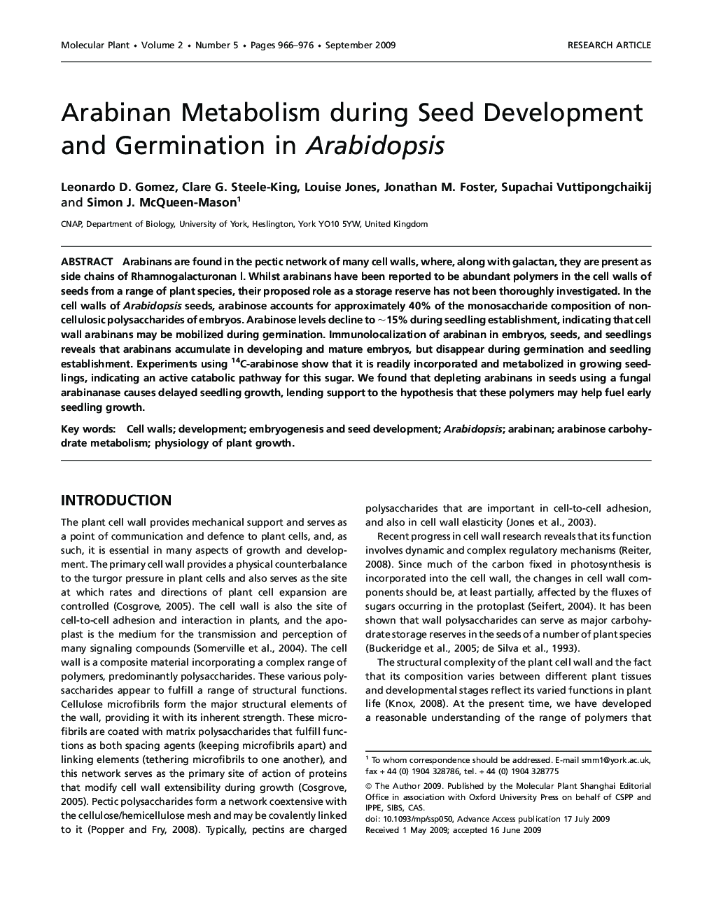 Arabinan Metabolism during Seed Development and Germination in Arabidopsis 