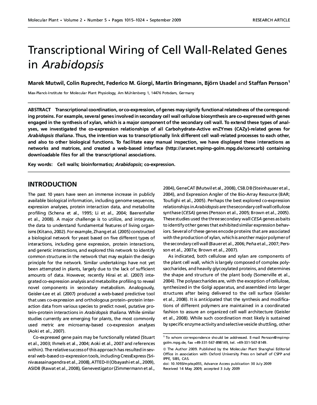 Transcriptional Wiring of Cell Wall-Related Genes in Arabidopsis 