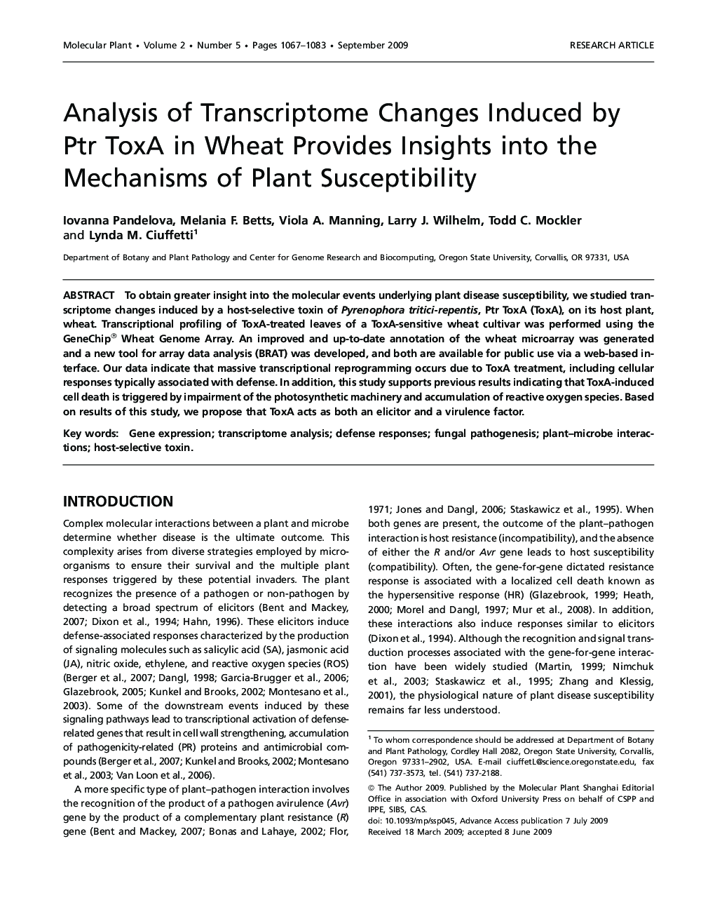 Analysis of Transcriptome Changes Induced by Ptr ToxA in Wheat Provides Insights into the Mechanisms of Plant Susceptibility 