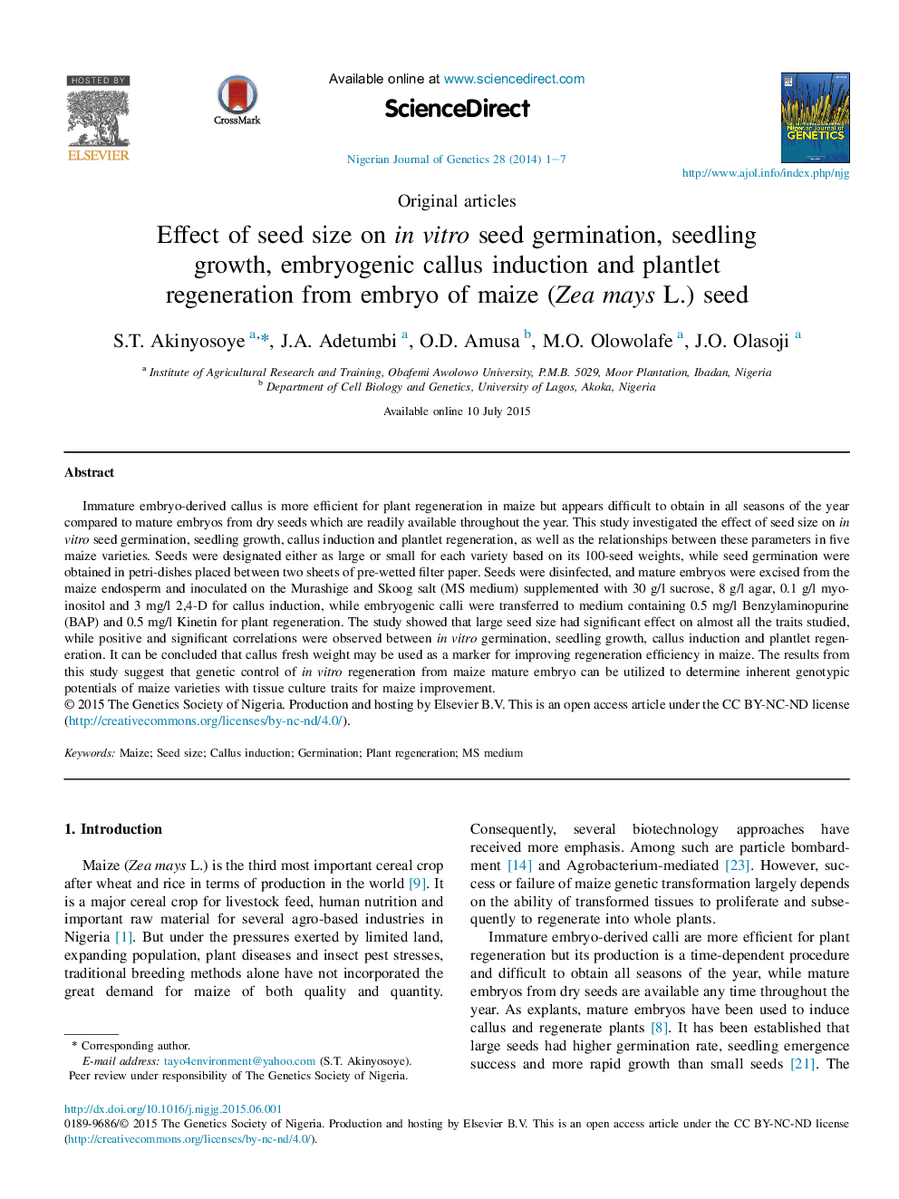 Effect of seed size on in vitro seed germination, seedling growth, embryogenic callus induction and plantlet regeneration from embryo of maize (Zea mays L.) seed 