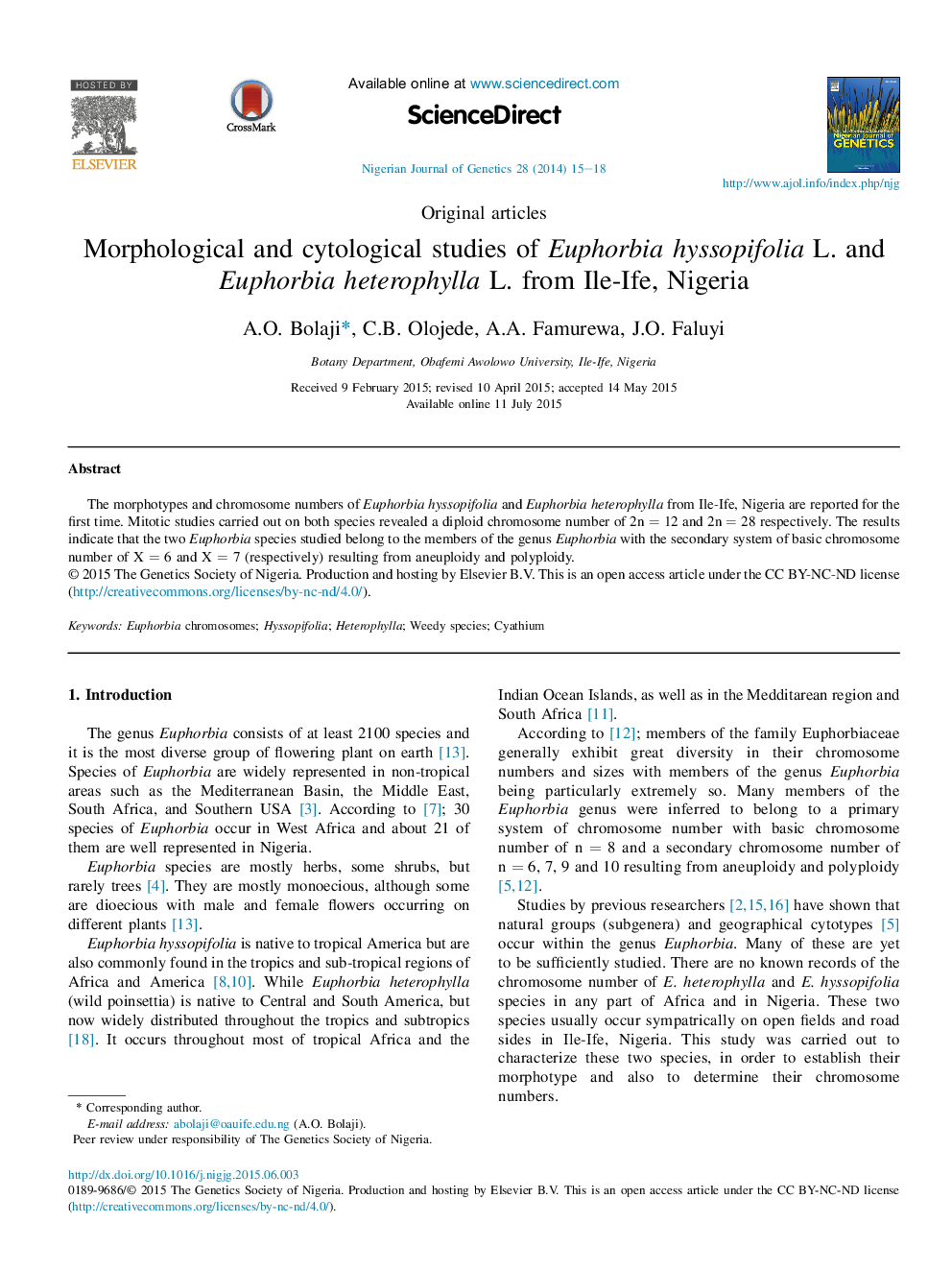 Morphological and cytological studies of Euphorbia hyssopifolia L. and Euphorbia heterophylla L. from Ile-Ife, Nigeria 