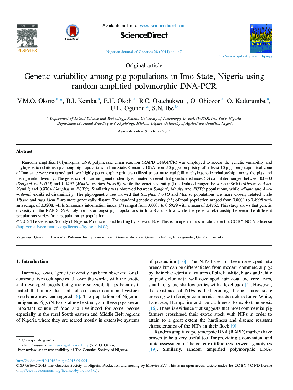 Genetic variability among pig populations in Imo State, Nigeria using random amplified polymorphic DNA-PCR 