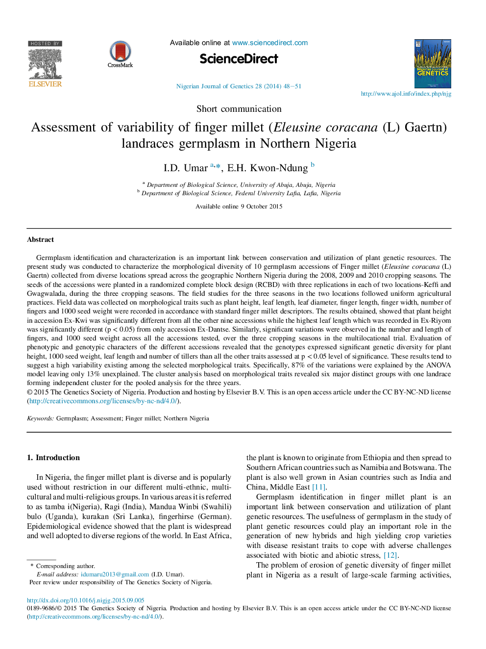 Assessment of variability of finger millet (Eleusine coracana (L) Gaertn) landraces germplasm in Northern Nigeria 