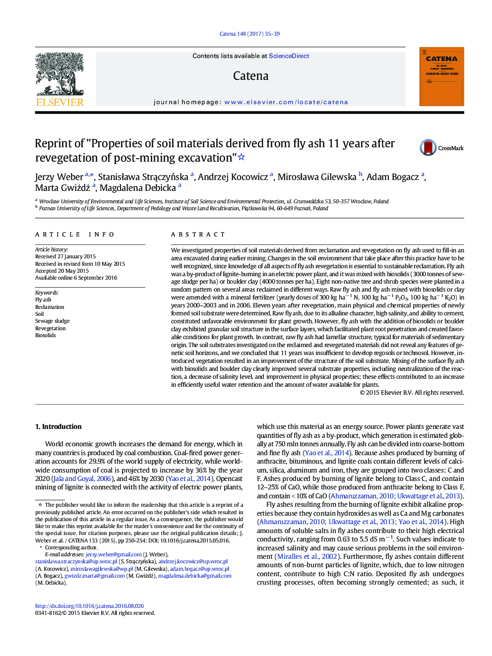 Reprint of "Properties of soil materials derived from fly ash 11 years after revegetation of post-mining excavation" 