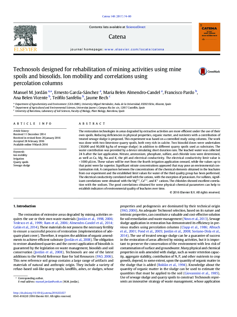 Technosols designed for rehabilitation of mining activities using mine spoils and biosolids. Ion mobility and correlations using percolation columns