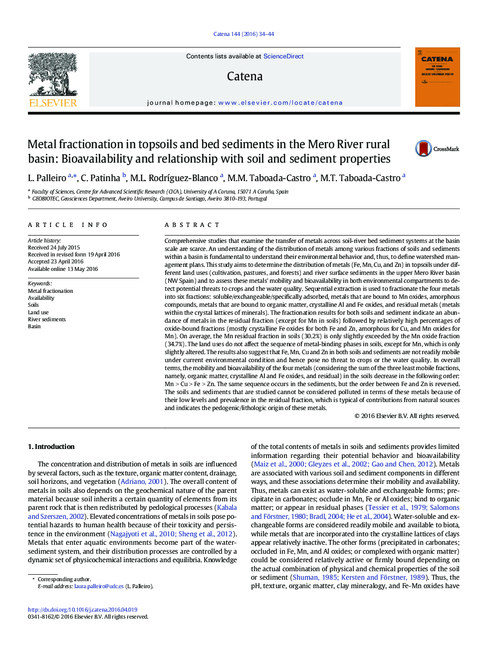 Metal fractionation in topsoils and bed sediments in the Mero River rural basin: Bioavailability and relationship with soil and sediment properties