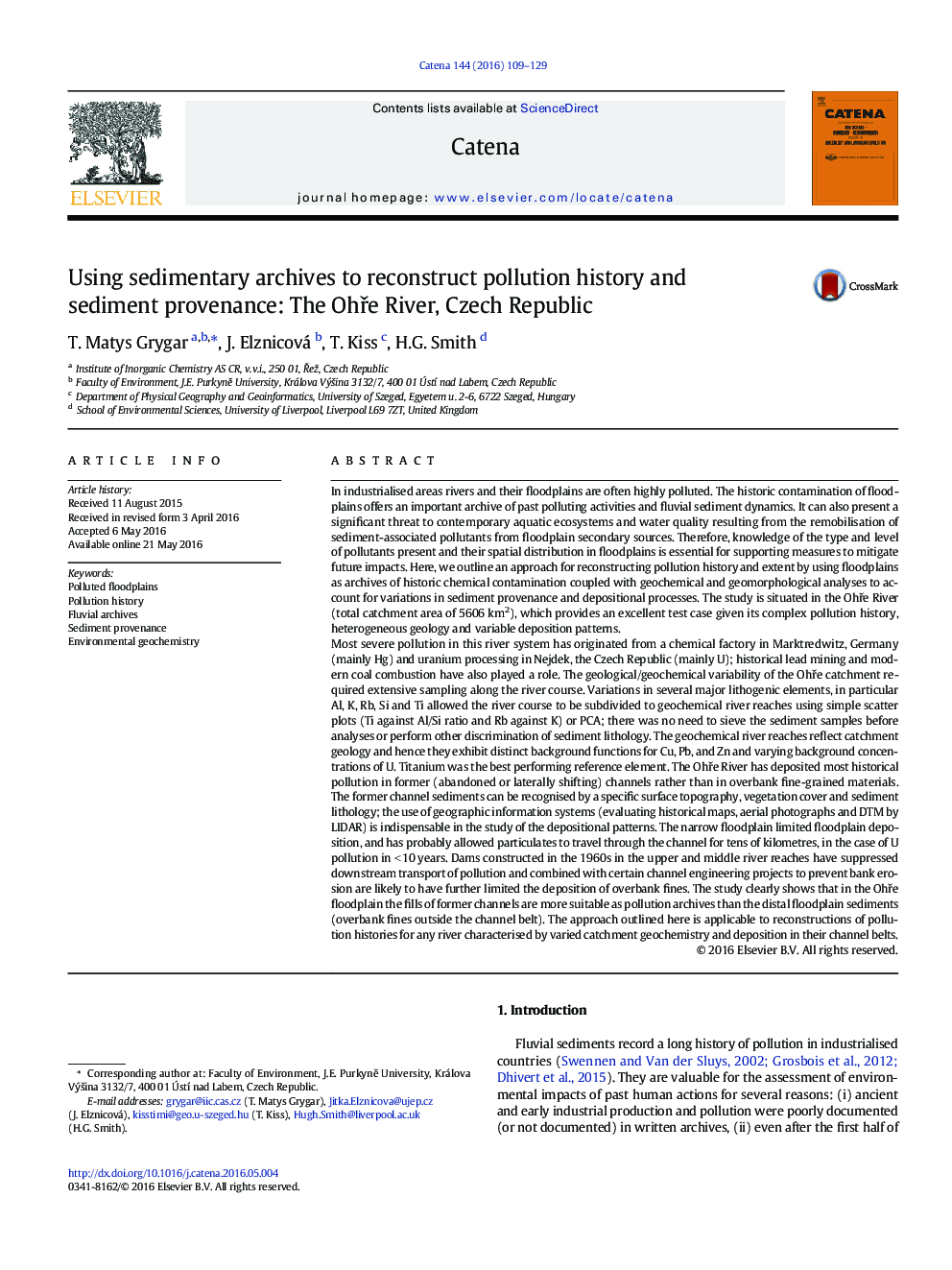 Using sedimentary archives to reconstruct pollution history and sediment provenance: The Ohře River, Czech Republic