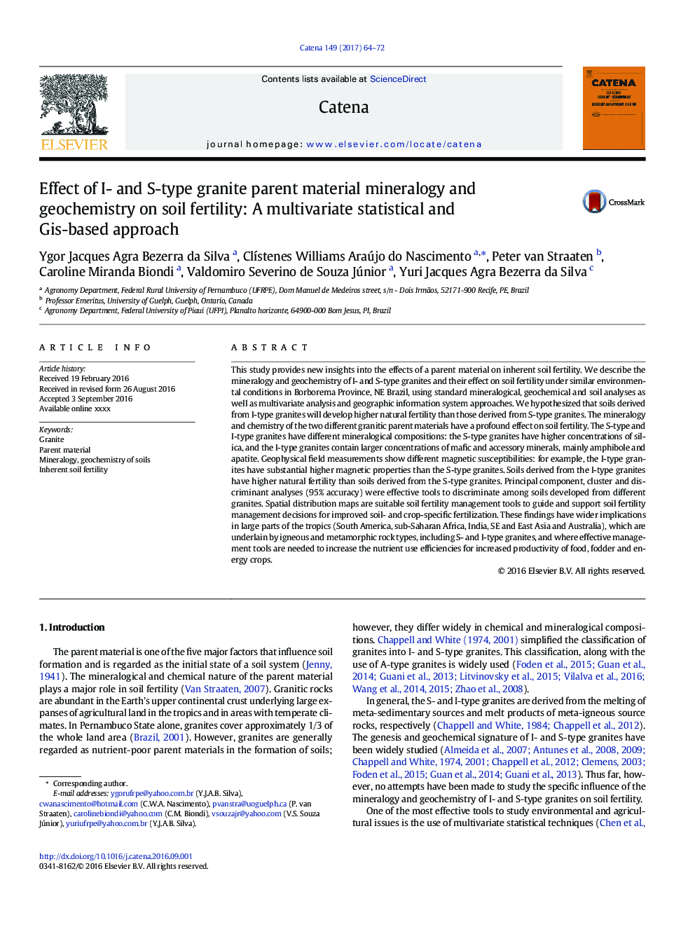 Effect of I- and S-type granite parent material mineralogy and geochemistry on soil fertility: A multivariate statistical and Gis-based approach