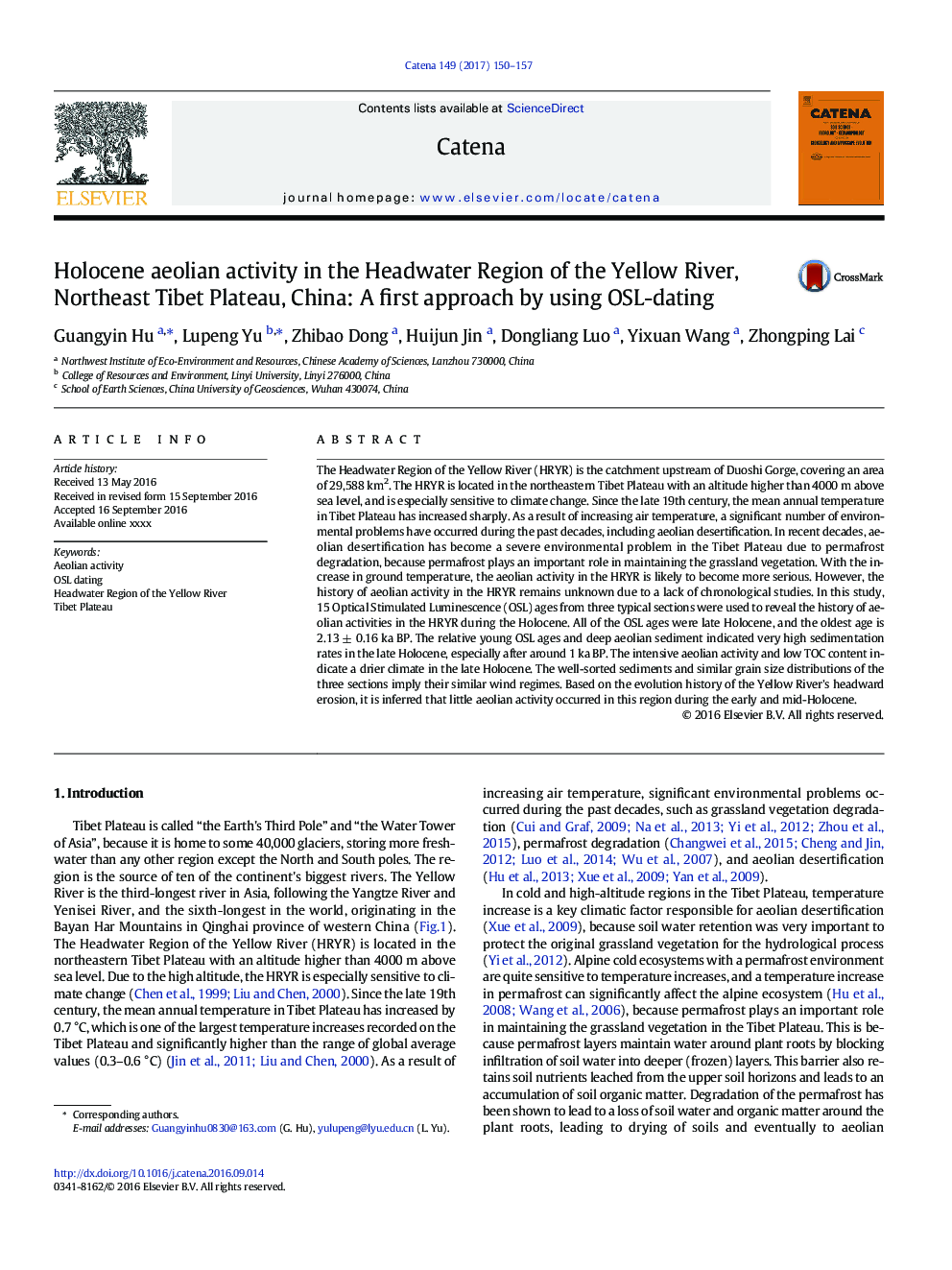 Holocene aeolian activity in the Headwater Region of the Yellow River, Northeast Tibet Plateau, China: A first approach by using OSL-dating