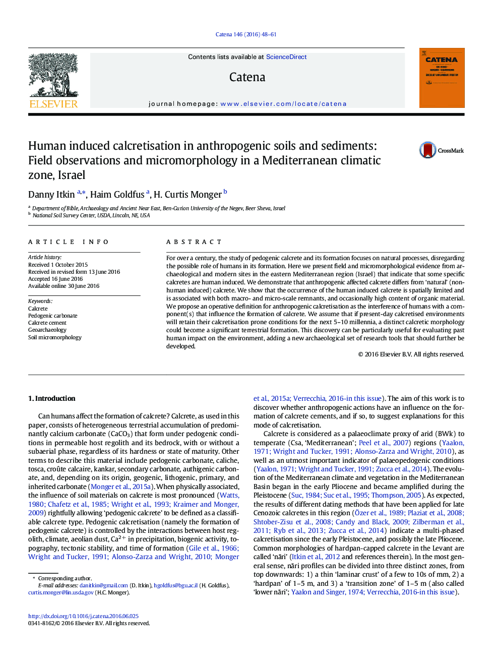 Human induced calcretisation in anthropogenic soils and sediments: Field observations and micromorphology in a Mediterranean climatic zone, Israel