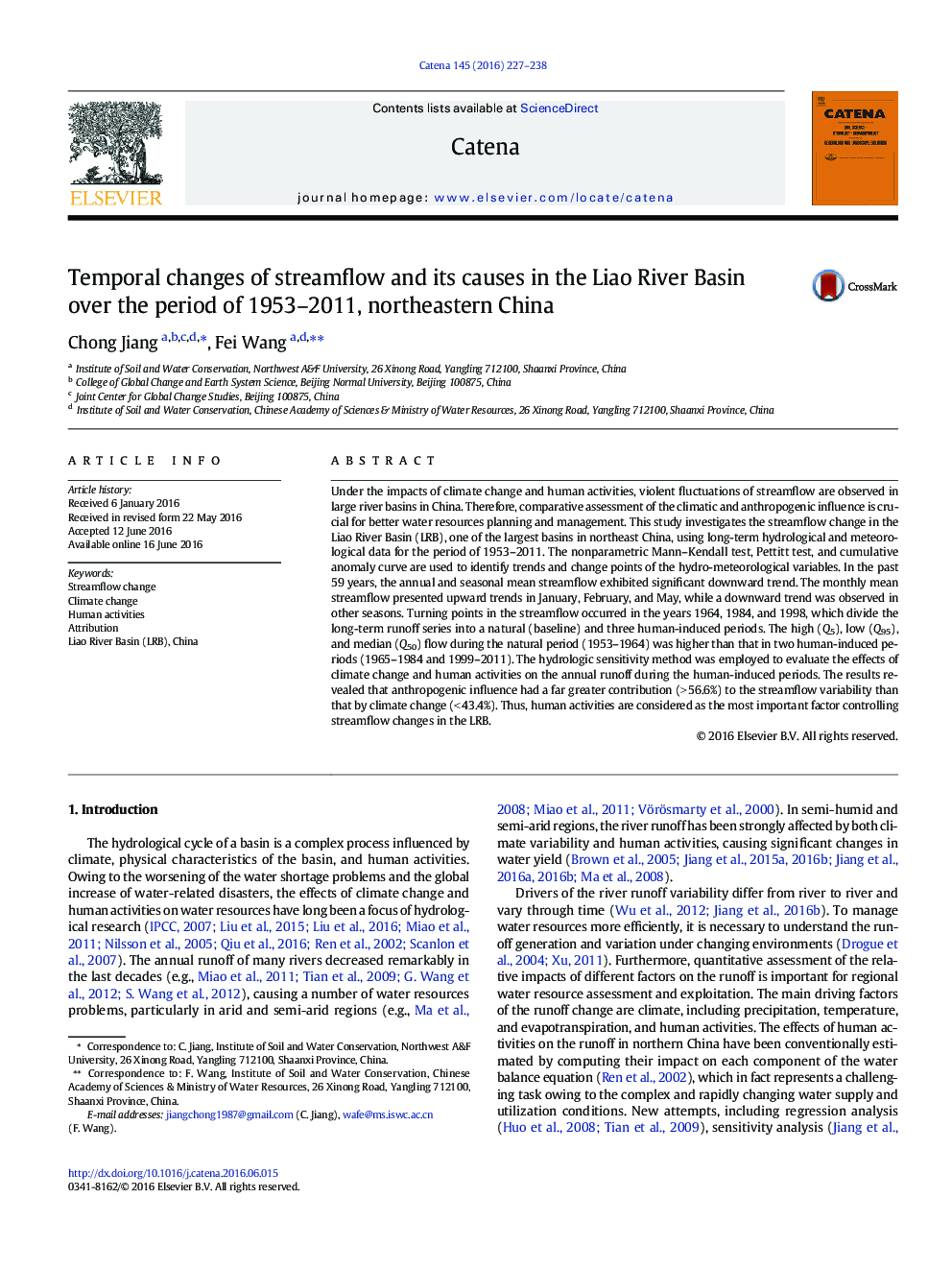 Temporal changes of streamflow and its causes in the Liao River Basin over the period of 1953–2011, northeastern China